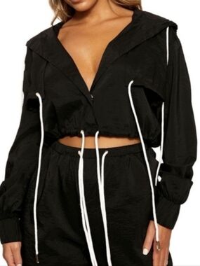 Naked Wardrobe Black Cropped Windbreaker Jacket Hooded Drawstring Lightweight M